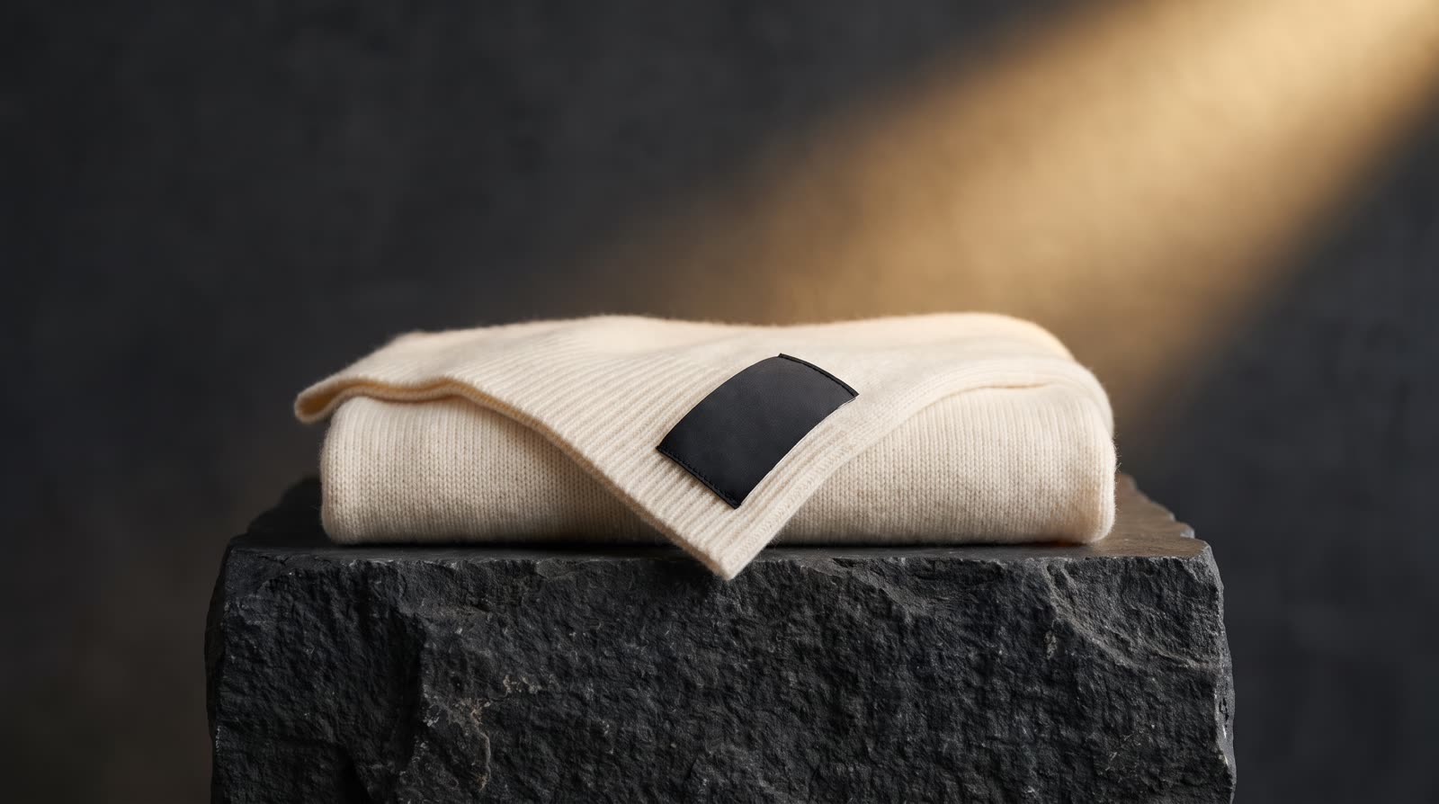 A folded ivory garment with a matte black tag on a stone plinth