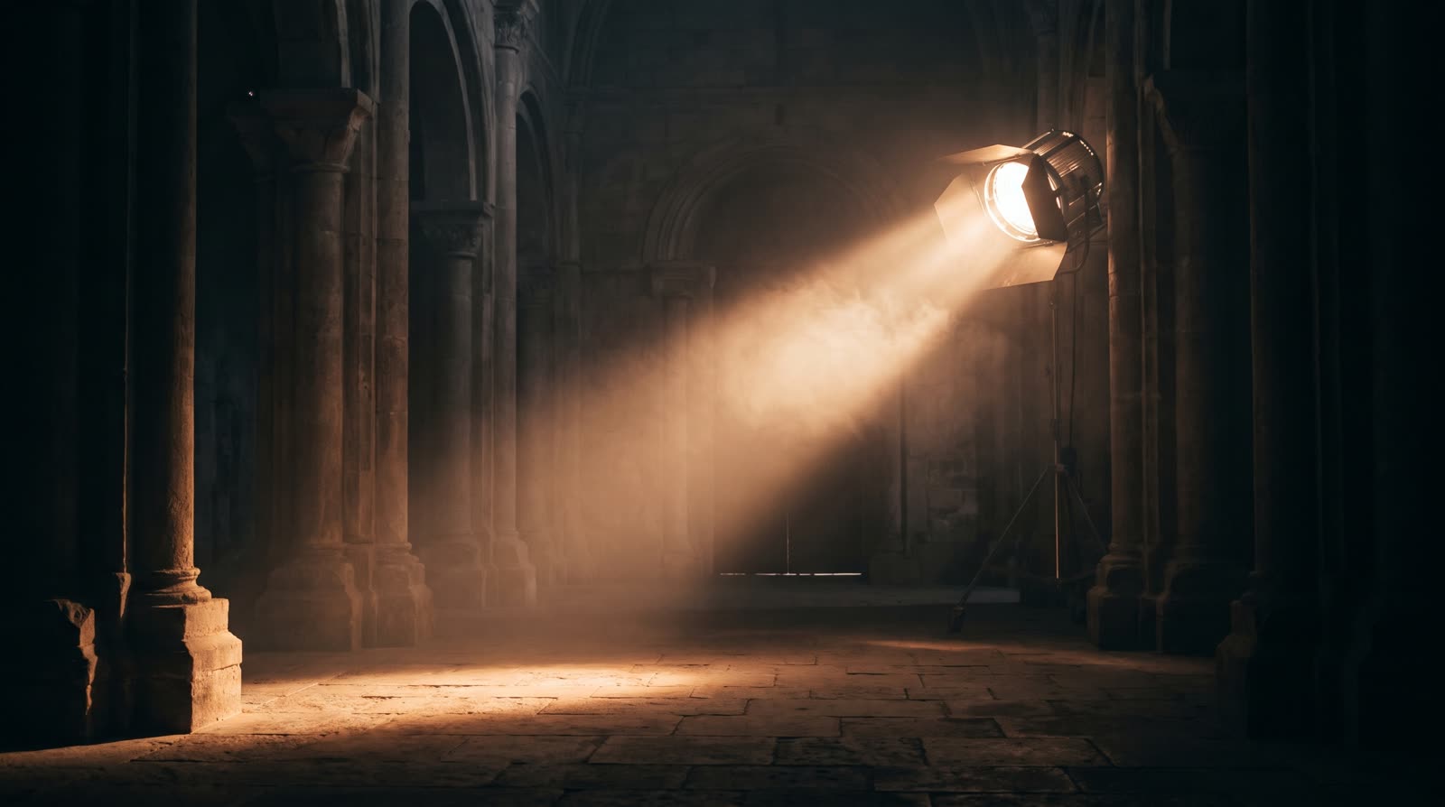 A warm beam of light cutting through a dark monumental hall