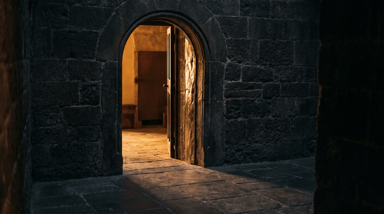 An open doorway glowing with warm light in a dark stone wall