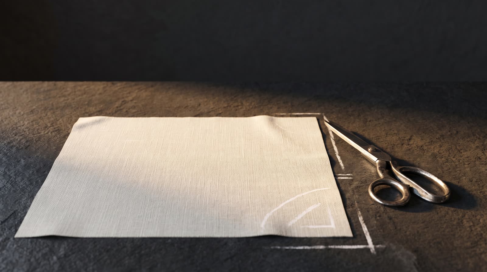 Ivory fabric being cut on a dark stone table