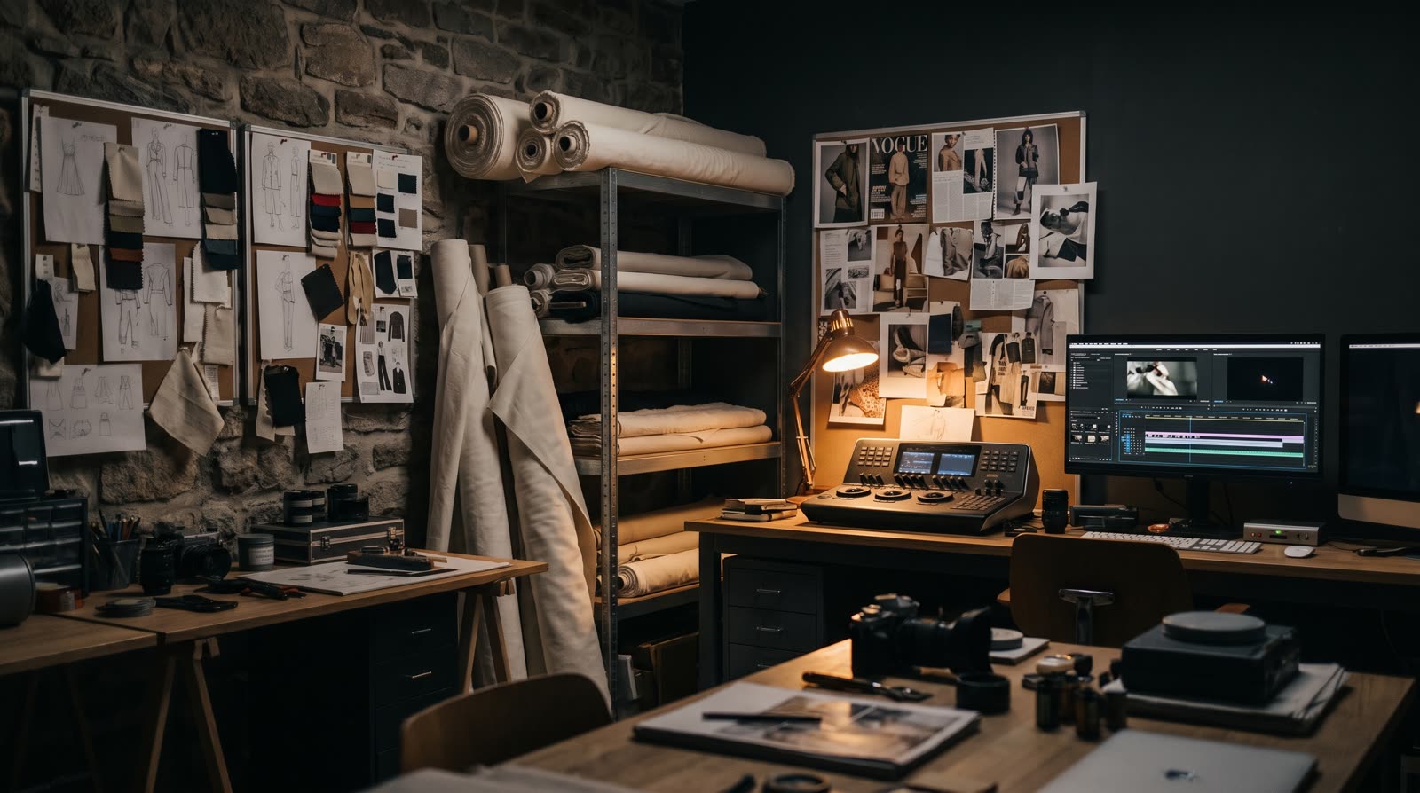 A dark creative studio with fabric rolls and mood boards