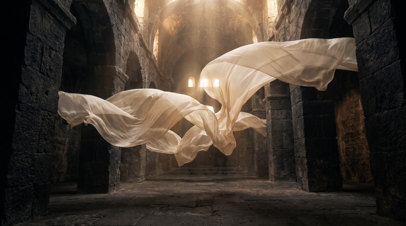 Ivory silk fabric floating in a dark stone hall